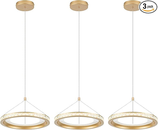 CHYING 3 Pack Modern Gold LED Crystal Pendant Light, 11.8" 24W 3500K Warm White Hanging Pendant Light Kitchen Island, Ring Ceiling Lights for Bedroom Dining Room Hallway