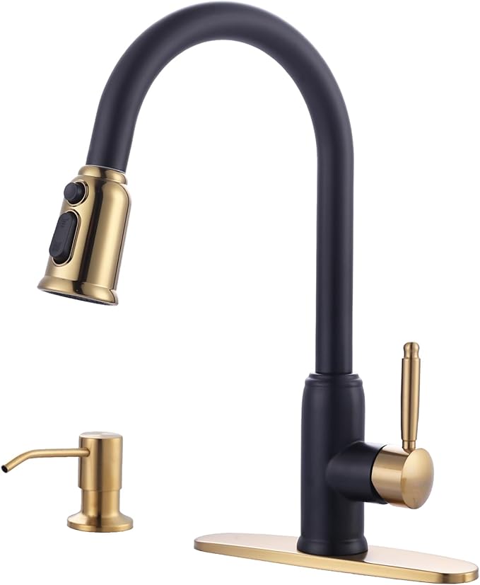 Black Gold Kitchen Faucet with Soap Dispenser, WOWOW Stainless Steel Kitchen Faucet for Sink 2 or 4 Hole, High Arc Vintage Kitchen Sink Faucet with Pull Down Sprayer