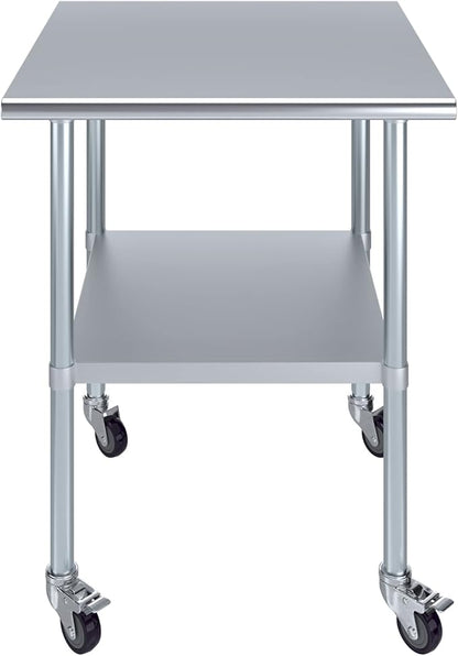 Stainless Steel Work Table with Wheels | NSF Kitchen Island Food Prep | Laundry Garage Utility Bench (Table + Wheels, 30" Long x 30" Deep)