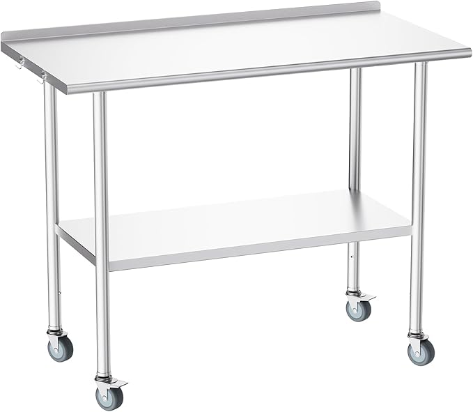 Atelicf All-Stainless Steel Prep Table, 24 X 48 Inches, with Rounded-Corner Backsplash, Wheels and Adjustable Undershelf, Heavy-Duty for BBQ,Restaurants,Hotels,Workshops,Kitchens