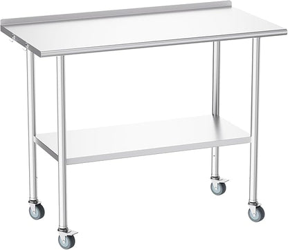 Atelicf All-Stainless Steel Prep Table, 24 X 48 Inches, with Rounded-Corner Backsplash, Wheels and Adjustable Undershelf, Heavy-Duty for BBQ,Restaurants,Hotels,Workshops,Kitchens