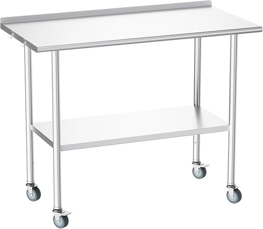 Atelicf All-Stainless Steel Prep Table, 24 X 48 Inches, with Rounded-Corner Backsplash, Wheels and Adjustable Undershelf, Heavy-Duty for BBQ,Restaurants,Hotels,Workshops,Kitchens