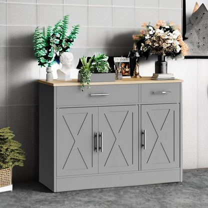 SUNLEI Kitchen Buffet Sideboard Cabinet, Wooden Storage with 3 Doors and 2 Drawers, Adjustable Shelf, Modern Farmhouse Coffee Bar Cabinet with Storage for Kitchen/Laundry/Living Room,Grey