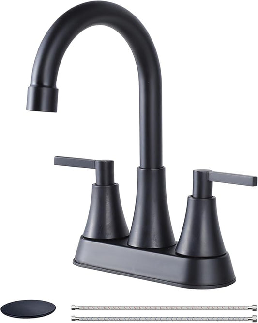 VCCUCINE Bathroom Faucets for Sink 3 Hole, Hurran 4 inch Matte Black with Pop-up Drain and 2 Supply Hoses, Stainless Steel 2-Handle Centerset Faucet for Sink Vanity