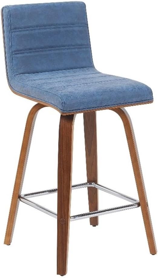 Armen Living Vienna Modern Swivel 26" Counter Height Barstool with Vintage Blue Faux Leather and Walnut Wood Finish