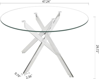 Round Dining Table, 47 Inch Glass Kitchen Table for 4-6 People, Tempered Glass Dinner Room Table with Silver X Metal Legs, Modern Circle Coffee Table for Home Dining Room Kitchen Restaurant