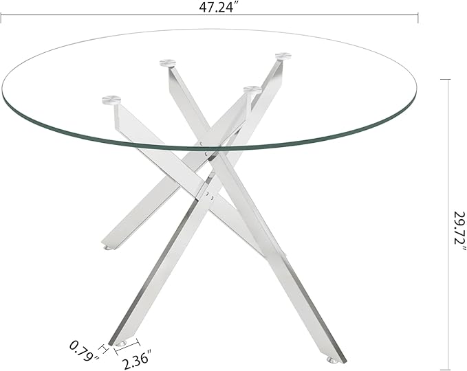 47.25" Round Dining Table for 6, Modern Clear Glass Kitchen Table for 6 with Silver X Metal Legs, Contemporary Small Circle Dining Room Leisure Tables for Kitchen Apartment