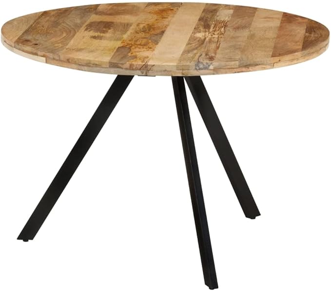 Round Solid Wood Dining Table 43.3x29.5 in Mango Wood with Black Powder-Coated Steel Legs Vintage Small Kitchen Table for 4 Persons Indoor Use