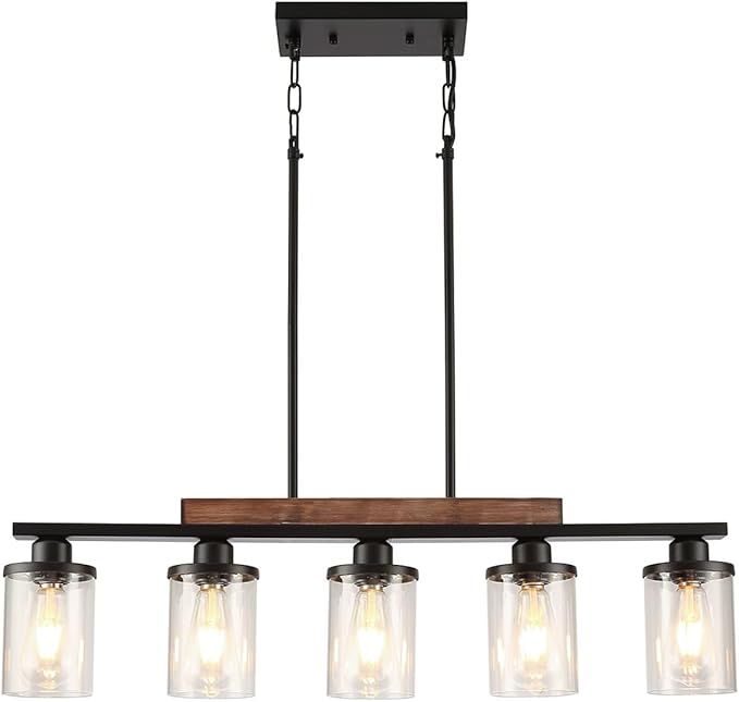 Dining Room Light Fixture,5-Light Kitchen Island Lighting Farmhouse Chandelier,Matte Black Metal Wood Industrial Pendant Lighting,Modern Dining Table Lights