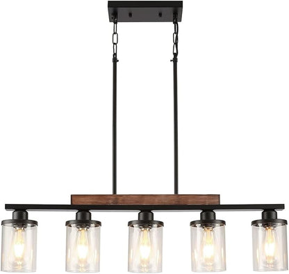 Dining Room Light Fixture,5-Light Kitchen Island Lighting Farmhouse Chandelier,Matte Black Metal Wood Industrial Pendant Lighting,Modern Dining Table Lights