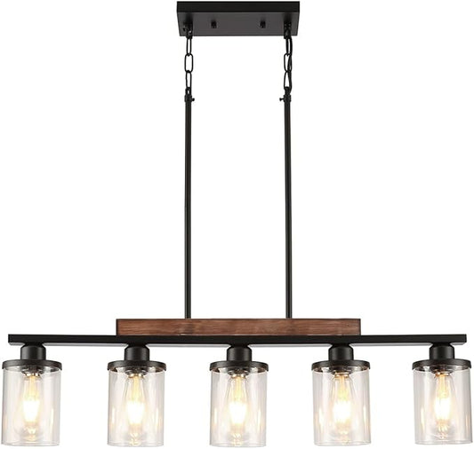 Dining Room Light Fixture,5-Light Kitchen Island Lighting Farmhouse Chandelier,Matte Black Metal Wood Industrial Pendant Lighting,Modern Dining Table Lights