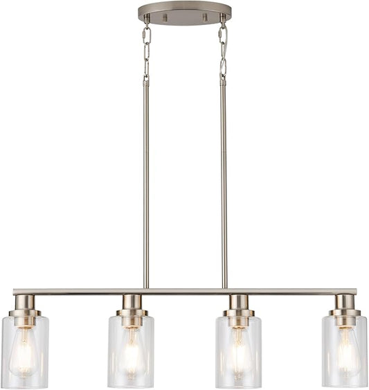Kitchen Island Lighting, 4-Light Farmhouse Dining Room Light Fixtures Over Table, Linear Chandelier Pendant Lighting for Kitchen Island for Brushed Nickel Finish with Clear Glass Shade