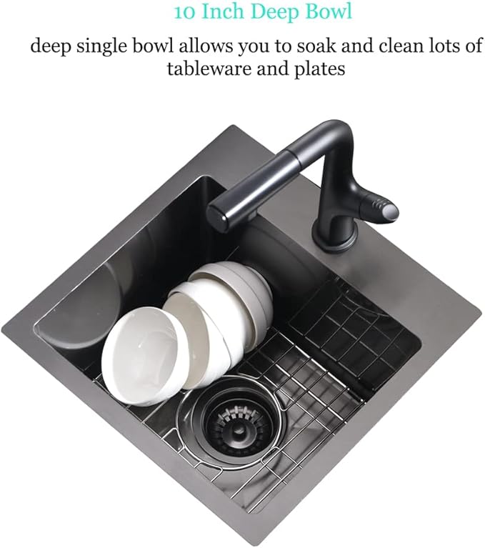 15 Inch Black Bar Sink Drop In,15x15 Drop In Bar Sink Stainless Steel Top Mount Rv Outdoor Sink 16 Gauge Deep Single Bowl Small Kitchen Sink with Dish Grid& Strainer