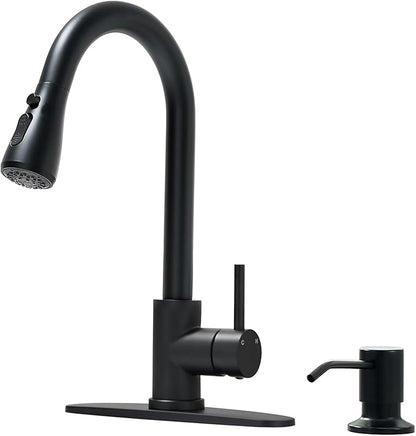 VFAUOSIT Kitchen Faucet with Escutcheons and Soap Dispenser, 3-Mode Black Stainless Steel Kitchen Faucet Escutcheons for 2 to 4-Hole Bar Laundry RV Utility Sink