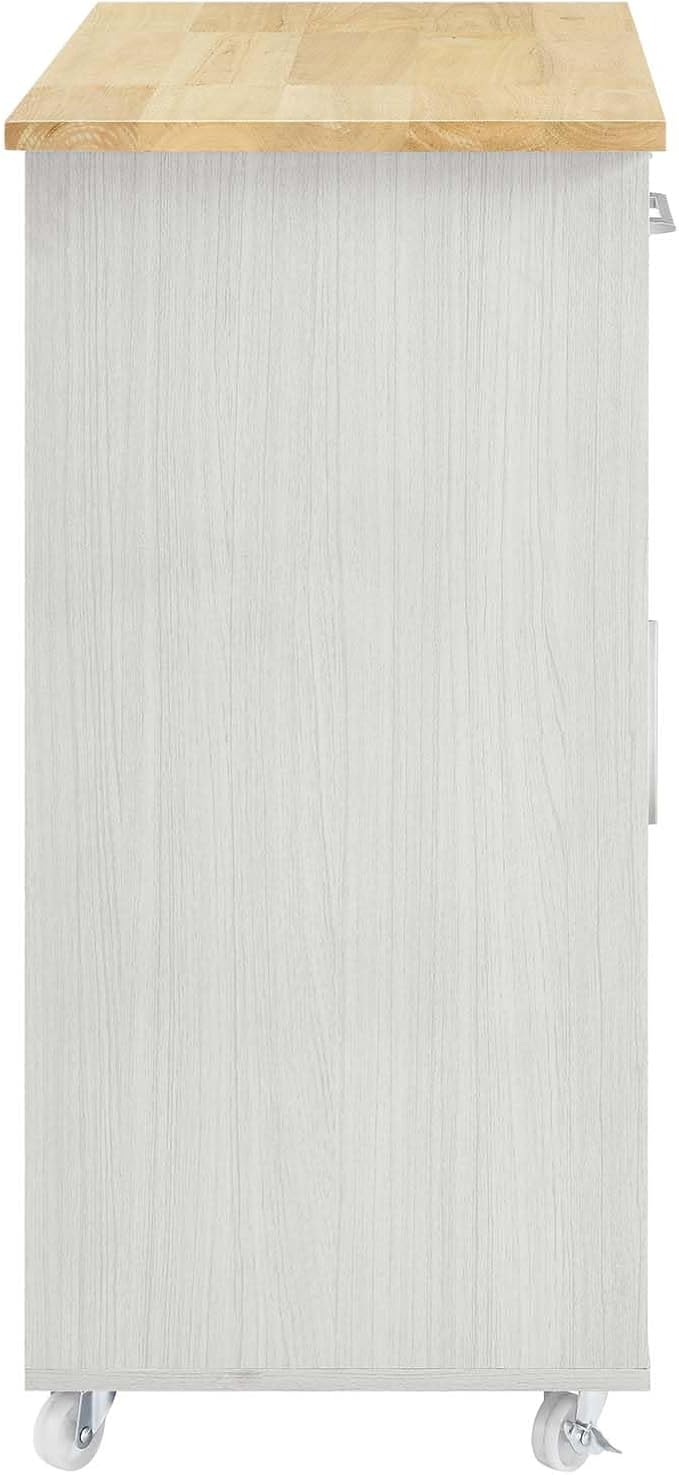 Modway Culinary Rolling Kitchen Cart with Storage in White Natural - 3 Tiers Kitchen Island on Wheels with Spice Rack, Functional as a Coffee Station, Bar Cabinet or Butcher Block Island