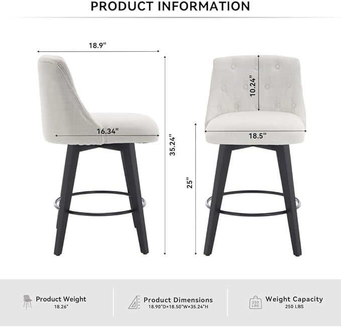 Swivel Counter Chairs, Modern Linen Fabric with Button-Tufted Backrest, Stylish Bar Stools, Set of 2 for Bar, Kitchen Island, Dining Room, White (White + Linen + Foam)
