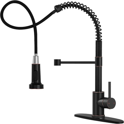 DJS Kitchen Faucets with Pull Down Sprayer Oil Rubbed Brozone -Single Handle 1 or 3 Holes Spring Kitchen Sink Faucet with Deck Plate for Farmhouse RV Vessel Basin
