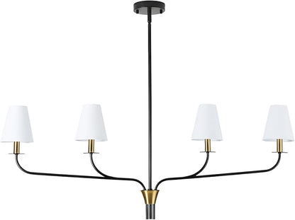 Modern 42" Linear Chandelier for Kitchen Island & Dining Room - 4-Light Black and Gold Finish with White Fabric Shades, Adjustable Hanging Pendant Light Fixture, E12