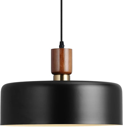 Eustace 13.8 inch Large Pendant Light, Adjustable Metal Chandelier with Solid Wood and Brass Accent, Modern Hanging Light Fixtures for Kitchen Island, Bar, Dining Room, Bedroom, Living Room