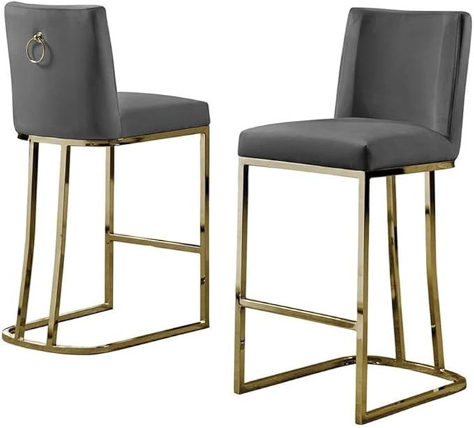 Modern Chairs Set of 2, Chrome Side Chairs & Counter Stools with Ring Pull Back, Luxury Upholstered Chairs for Kitchen Island, Dining Room & Home Bar (Velvet, Dark Gray/Gold, Counter Height Chair)