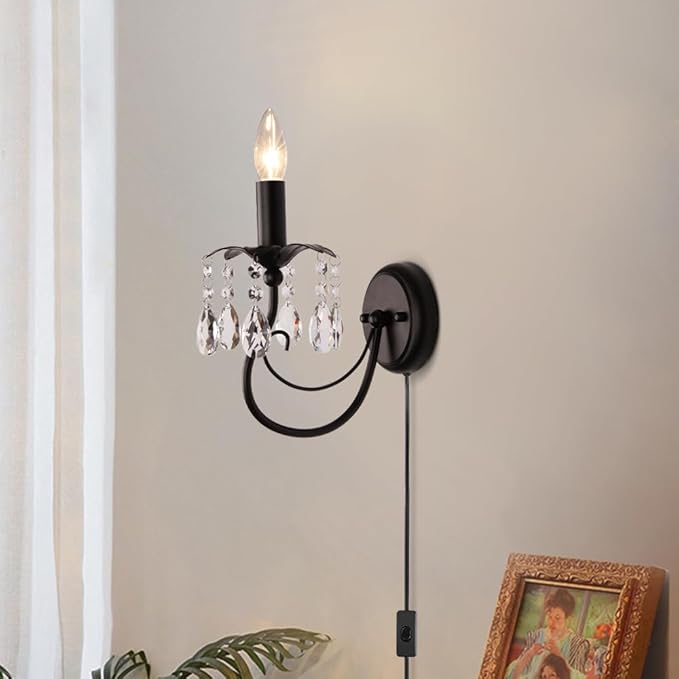 Black Wall Sconces,Vintage Crystal Wall Sconce Wall Light Fixtures,Farmhouse Candle Wall Sconce Indoor Bedside Mid Century for Bathroom Bedroom Living Room Hallway Entryway Stairs