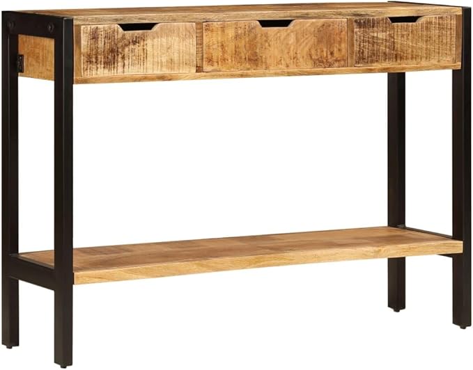 Brown Solid Mango Wood Sideboard, 43.3" Living Room Buffet Cabinet with 3 Drawers, Polished Finish, Powder-Coated Steel Frame, Vintage Console Table Furniture Kitchen Furniture
