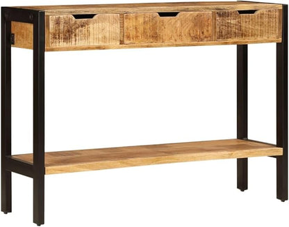 Brown Solid Mango Wood Sideboard, 43.3" Living Room Buffet Cabinet with 3 Drawers, Polished Finish, Powder-Coated Steel Frame, Vintage Console Table Furniture Kitchen Furnitur