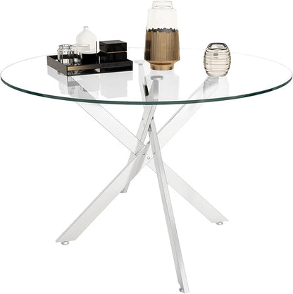 Round Dining Table, 47 Inch Glass Kitchen Table for 4-6 People, Tempered Glass Dinner Room Table with Silver X Metal Legs, Modern Circle Coffee Table for Home Dining Room Kitchen Restaurant