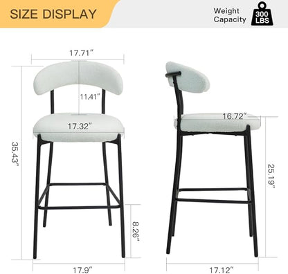 26" Counter Height Bar Stools - Teddy Fabric Upholstered Kitchen Island Stools with Black Powder-Coated Metal Base & Integrated Footrest, Modern Farmhouse Style(Snow)