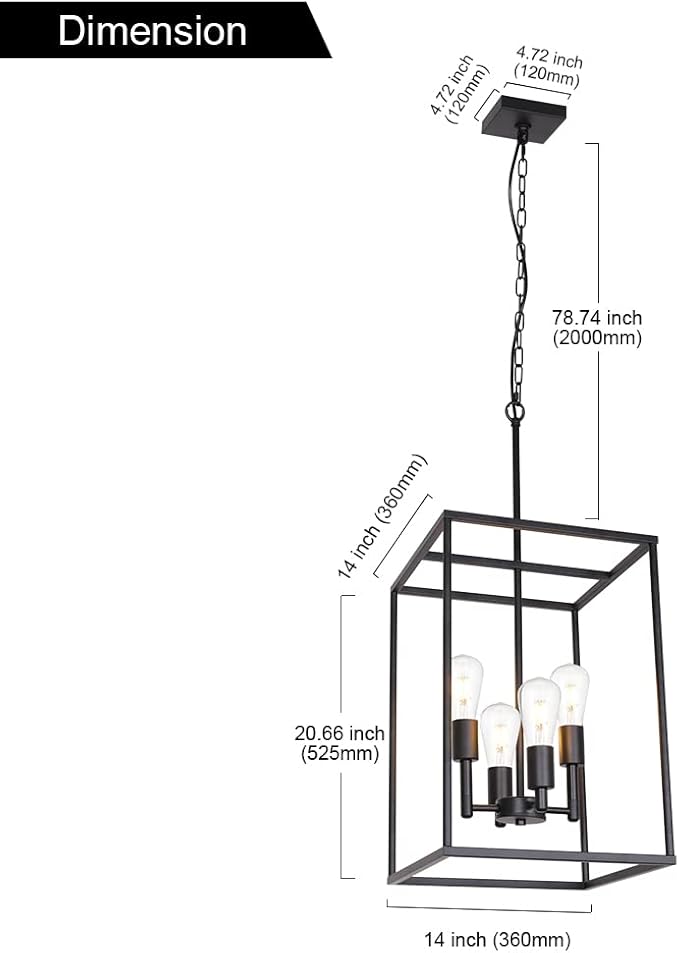 VINLUZ 4 Light Large Industrial Metal Farmhouse Pendant Light Black Square Wide Cage Chandelier with Painted Finish for Dining Room Foyer Living Room Cafe Bar