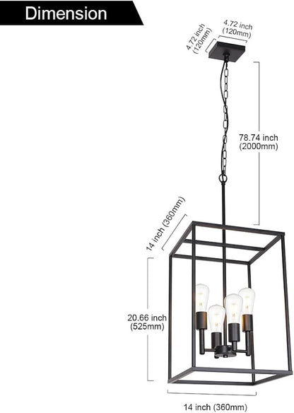 VINLUZ 4 Light Large Industrial Metal Farmhouse Pendant Light Black Square Wide Cage Chandelier with Painted Finish for Dining Room Foyer Living Room Cafe Bar