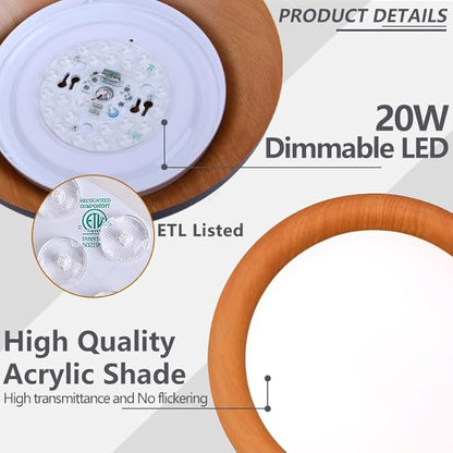 Bargeni Flush Mount Ceiling Light,12.5 inch LED Ceiling Light Fixture,5CCT Dimmable/2700K-6000K/20W, Matte Black with Wood Accent,Mid Century Light Fixtures Ceiling Mount,ETL Certified