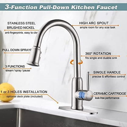 Stainless Steel Kitchen Faucet with Pull Down Sprayer, WOWOW Vintage Kitchen Sink Faucet Brushed Nickel Single Handle Kitchen Faucet for Sink 1 or 3 Hole