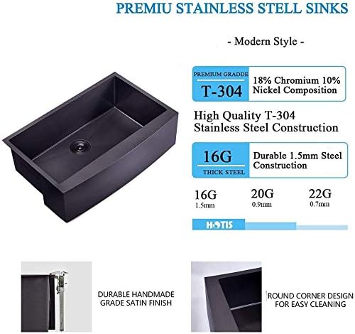 Hotis Black Farmhouse Sink, 33 Inch Farm Sink, Apron-Front 304 Stainless Steel Farmhouse Kitchen Sinks, 33x22 Inch Undermount Single Bowl Undermount With Dish Grid