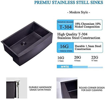 Hotis Black Farmhouse Sink, 33 Inch Farm Sink, Apron-Front 304 Stainless Steel Farmhouse Kitchen Sinks, 33x22 Inch Undermount Single Bowl Undermount With Dish Grid