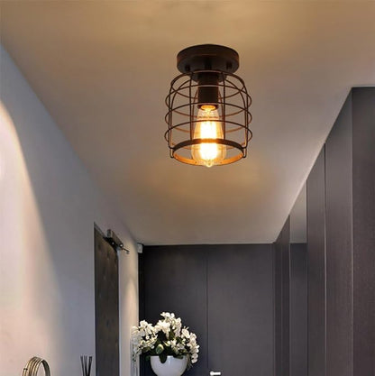 Create For Life® Industrial Vintage Flush Mount Ceiling Light,Rustic Metal Cage Semi Flush Mount Ceiling Lamp Fixture for Hallway Stairway Kitchen Garage, E26, Black Finish,2 Pack