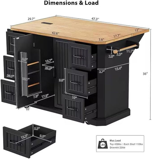 Ball & Cast 56" Large Kitchen Island with Drop Leaf and Power Outlet,Rolling Kitchen Cart on 4 Wheels W/ 6 Drawers,Folding Storage Dining Table W/Spice & Towel Rack,for Kitchen,Dining Room,Black
