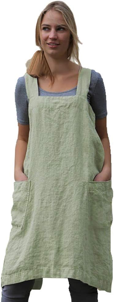 Larmliss Women's Pinafore Square Apron Baking Cooking Gardening Works Cross Back Cotton/Linen Blend Dress with 2 Pockets