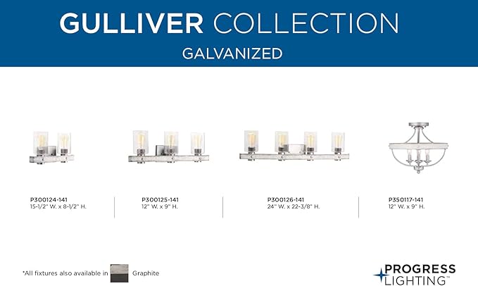 Progress Lighting Gulliver Collection 3-Light Clear Seeded Glass Coastal Bath Vanity Light Galvanized