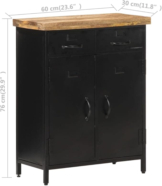 Industrial Sideboard, Black Natural Rough Mango Wood, Powder-Coated Steel Frame, 2-Door Storage Cabinet, 11.8x23.6x29.9 in Living Room Buffet Furniture Kitchen Furnitur
