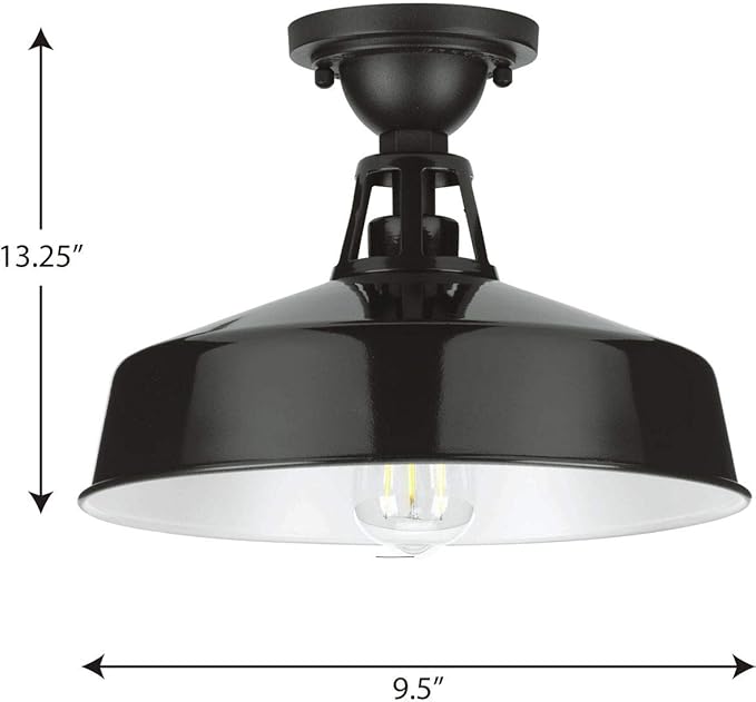 Progress Lighting Cedar Springs Collection 1-Light Farmhouse Outdoor Semi-Flush Mount Light Gloss Black, 9.50x13.25x13.25
