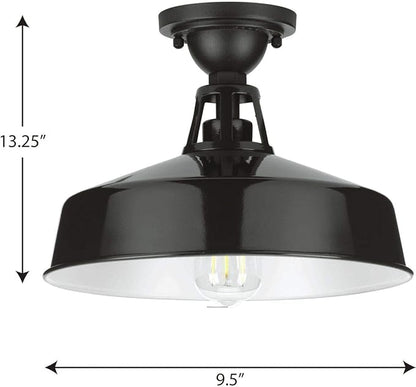 Progress Lighting Cedar Springs Collection 1-Light Farmhouse Outdoor Semi-Flush Mount Light Gloss Black, 9.50x13.25x13.25