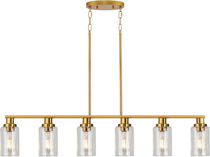 Kitchen Island Lighting, 6-Light Modern Dining Room Light Fixture Over Table,44.3'' Vintage Farmhouse Gold Linear Chandelier, Industrial Pendant Lights for Kitchen Island with Clear Glass Shade