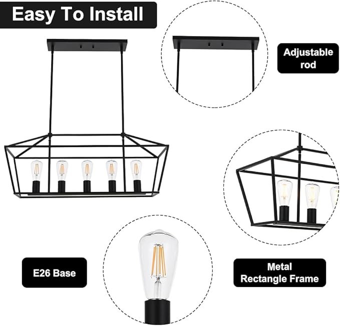 VINLUZ Farmhouse Kitchen Island Lighting,5 Light Industrial Linear Chandelier for Dining Room Metal Matte Black Finish Hanging Pendant Light Fixture for Bedroom Living Room Hallway
