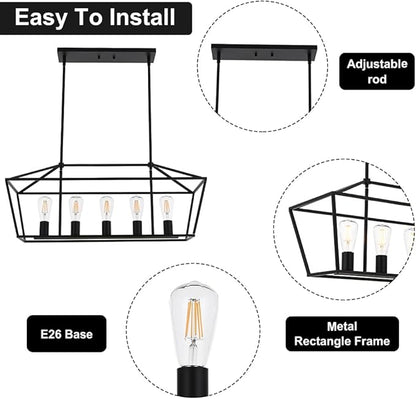 VINLUZ Farmhouse Kitchen Island Lighting,5 Light Industrial Linear Chandelier for Dining Room Metal Matte Black Finish Hanging Pendant Light Fixture for Bedroom Living Room Hallway