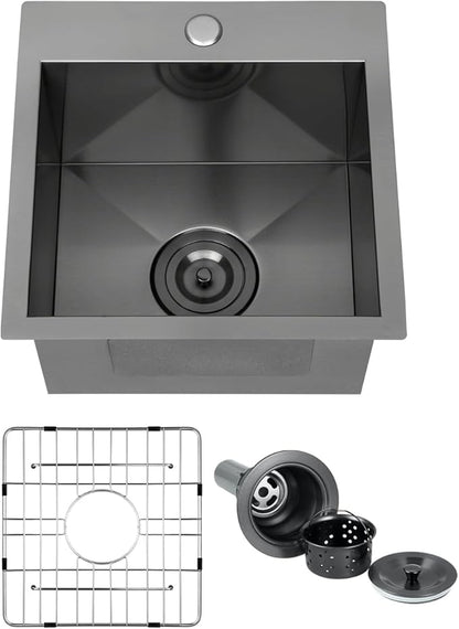 FRANIC 15" Handmade Black Bar Workstation Sink, 15" x 15" x 9" Stainless Steel Matte Nano Black Topmount Single Bowl Small Kitchen Outdoor Sink