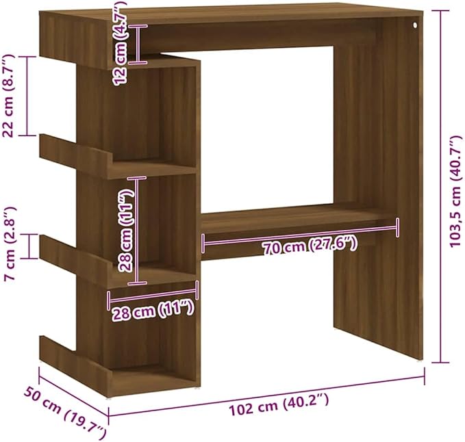 Brown Oak Engineered Wood Bar Table with Storage Rack and 3 Shelves for Kitchen Island or Dining Room