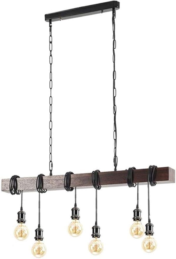 Eoyemin 6-Lights Kitchen Light Fixtures Farmhouse Wooden Retro Rustic Wood Pendant Light Industrial Suspension Line Can Be Adjusted Freely Chandelier for Dining Table Vintage Kitchen Bar Island