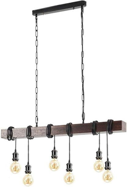 Eoyemin 6-Lights Kitchen Light Fixtures Farmhouse Wooden Retro Rustic Wood Pendant Light Industrial Suspension Line Can Be Adjusted Freely Chandelier for Dining Table Vintage Kitchen Bar Island