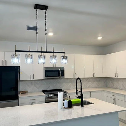5-Light Farmhouse Linear Chandelier Pendant Lighting 39" W Ceiling Light Matte Black and Brass Gold, Smoked Glass Shade, Blown Glass, for Dining Table, Kitchen Island Light Fixtures